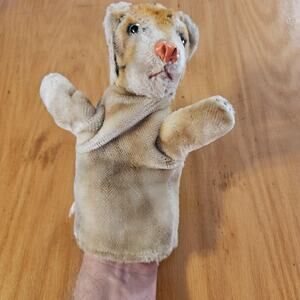 Vintage 60s Steiff Tiger Hand Puppet Plush Stuffed Animal Small Brown Striped